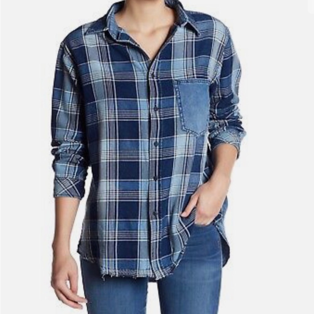 Current Elliott Long Sleeve Plaid Denim Contrast Back Shirt